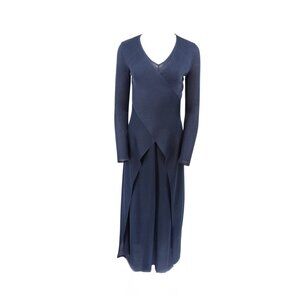 The Row Long Sleeve Silk Knit Wrap Maxi Dress Navy